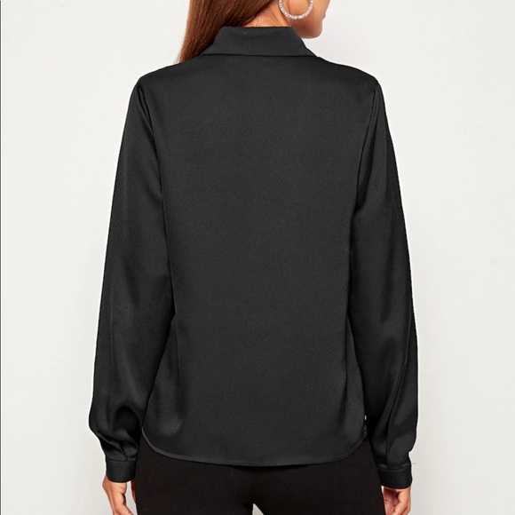 Satin button up blouse collared black work office - Picture 3 of 4